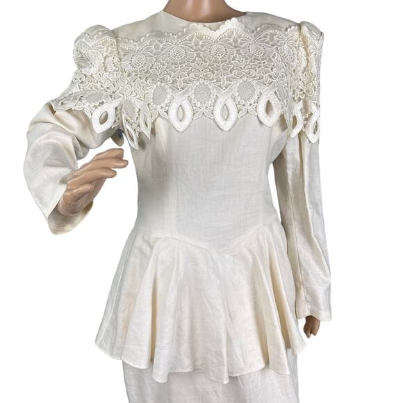 Vintage Jessica McClintock Linen & Lace Peplum Dress Cottagecore  Rare Unique - Picture 4 of 15